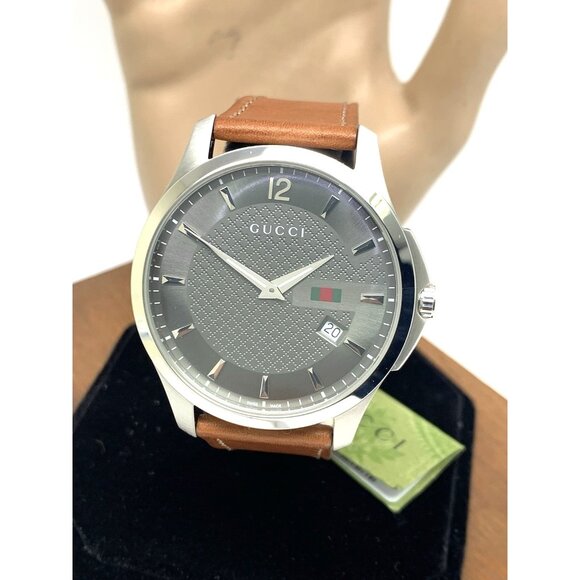 Gucci Men's Watch YA126302 G-Timeless Swiss Quartz Gray Dial Brown Leather 40mm - Picture 1 of 15